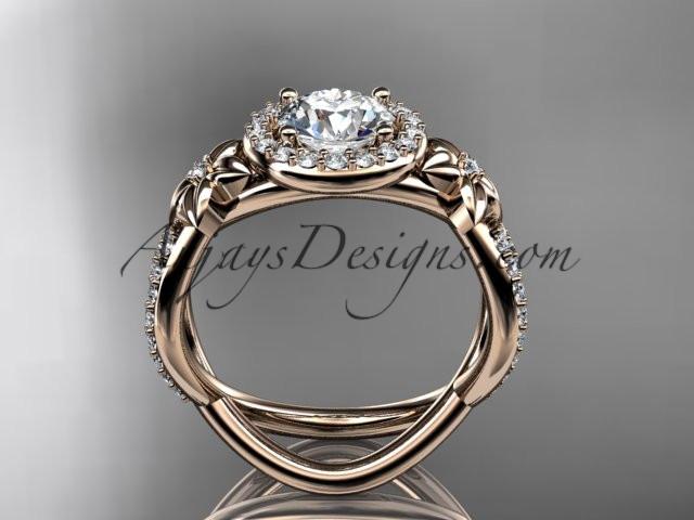 14k rose gold leaf and flower diamond unique engagement ring, wedding ring with a "Forever One" Moissanite center stone ADLR374 - AnjaysDesigns