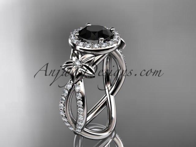 14k white gold leaf and flower diamond unique engagement ring, wedding ring with a Black Diamonde center stone ADLR374 - AnjaysDesigns