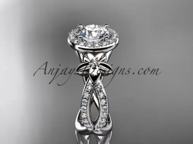 14k white gold leaf and flower diamond unique engagement ring, wedding ring with a "Forever One" Moissanite center stone ADLR374 - AnjaysDesigns