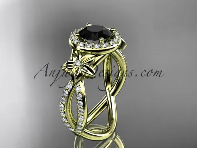 14k yellow gold leaf and flower diamond unique engagement ring, wedding ring with a Black Diamonde center stone ADLR374 - AnjaysDesigns
