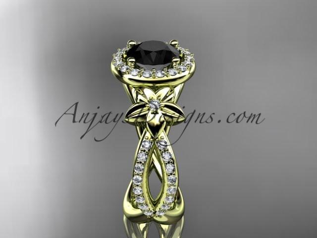14k yellow gold leaf and flower diamond unique engagement ring, wedding ring with a Black Diamonde center stone ADLR374 - AnjaysDesigns