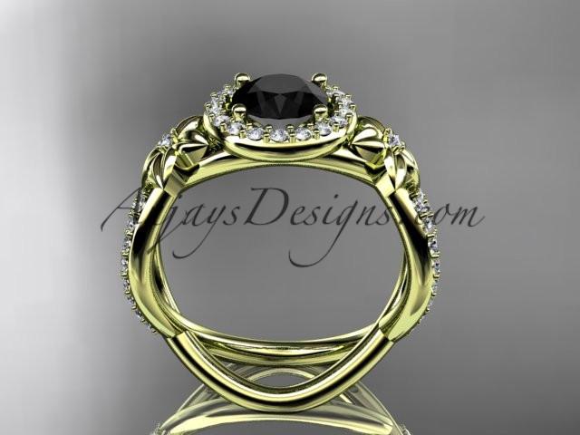14k yellow gold leaf and flower diamond unique engagement ring, wedding ring with a Black Diamonde center stone ADLR374 - AnjaysDesigns