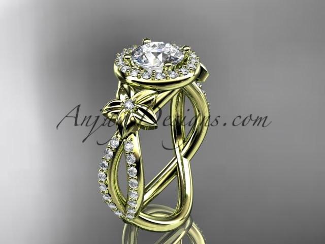 14k yellow gold leaf and flower diamond unique engagement ring, wedding ring with a "Forever One" Moissanite center stone ADLR374 - AnjaysDesigns