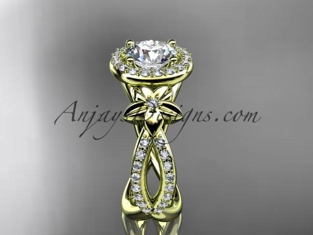 14k yellow gold leaf and flower diamond unique engagement ring, wedding ring with a "Forever One" Moissanite center stone ADLR374 - AnjaysDesigns