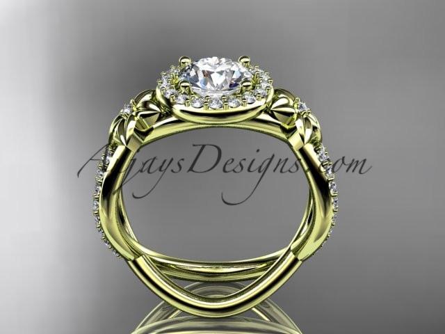 14k yellow gold leaf and flower diamond unique engagement ring, wedding ring with a "Forever One" Moissanite center stone ADLR374 - AnjaysDesigns
