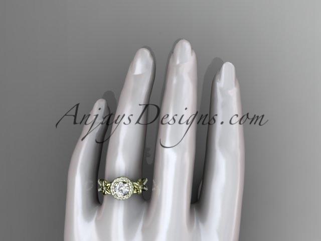 14k yellow gold leaf and flower diamond unique engagement ring, wedding ring with a "Forever One" Moissanite center stone ADLR374 - AnjaysDesigns