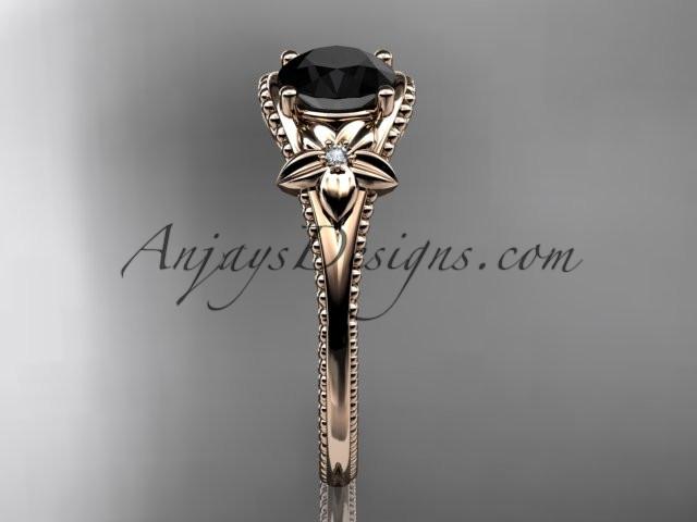 14k rose gold leaf and flower diamond unique engagement ring with a Black Diamonde center stone ADLR375 - AnjaysDesigns