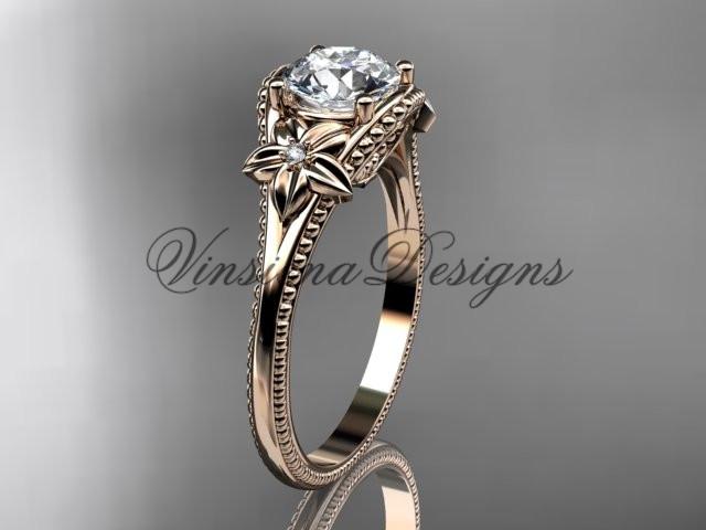 14k rose gold diamond unique engagement ring "Forever One" Moissanite ADLR375