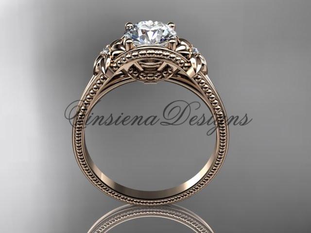 14k rose gold diamond unique engagement ring "Forever One" Moissanite ADLR375