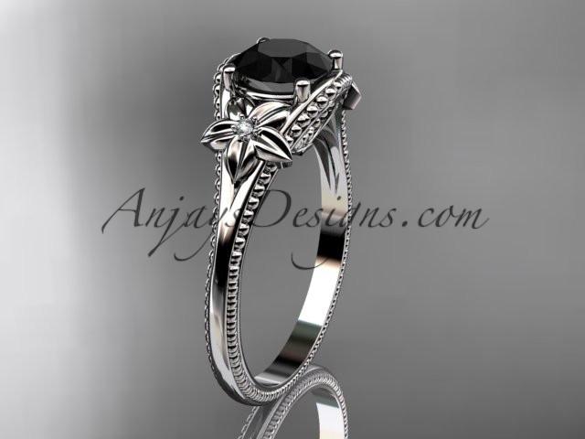 platinum leaf and flower diamond unique engagement ring with a Black Diamonde center stone ADLR375 - AnjaysDesigns