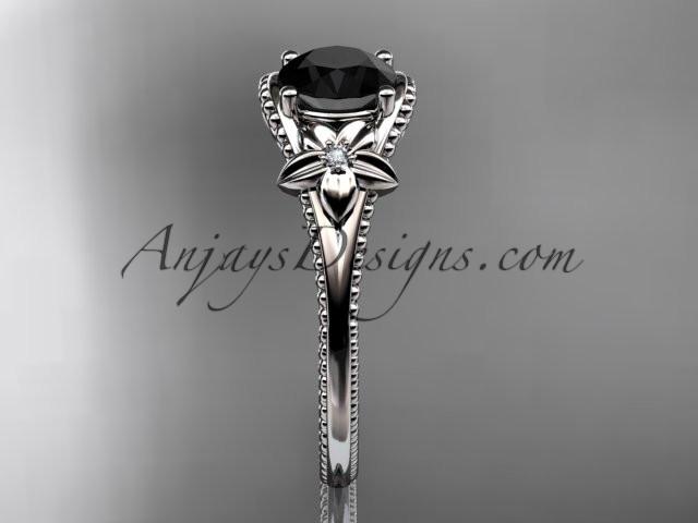 platinum leaf and flower diamond unique engagement ring with a Black Diamonde center stone ADLR375 - AnjaysDesigns