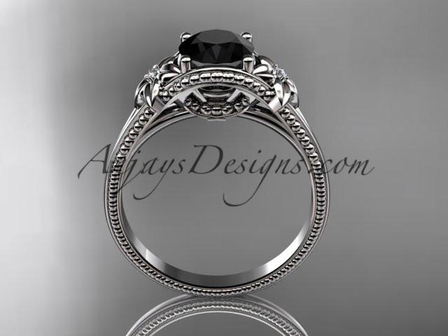 platinum leaf and flower diamond unique engagement ring with a Black Diamonde center stone ADLR375 - AnjaysDesigns