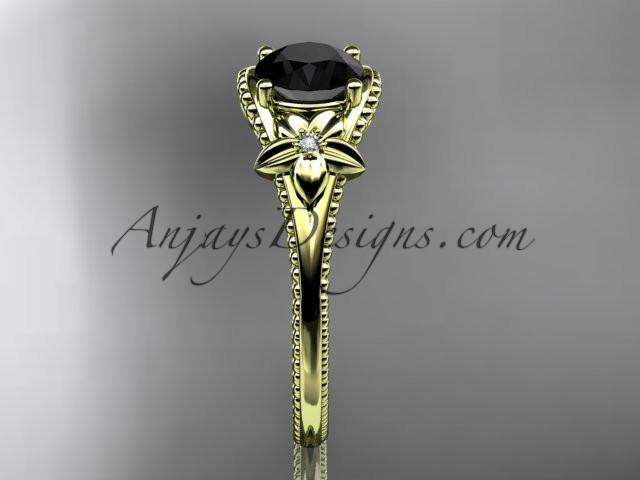 14k yellow gold leaf and flower diamond unique engagement ring with a Black Diamonde center stone ADLR375 - AnjaysDesigns