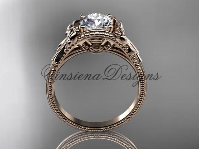 14k rose gold diamond unique engagement ring "Forever One" Moissanite ADLR376