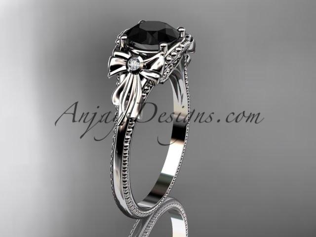 platinum leaf and flower diamond unique engagement ring with a Black Diamonde center stone ADLR376 - AnjaysDesigns