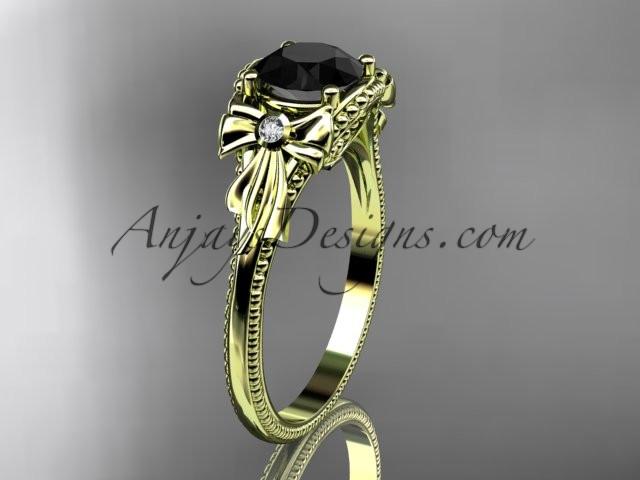 14k yellow gold leaf and flower diamond unique engagement ring with a Black Diamonde center stone ADLR376 - AnjaysDesigns