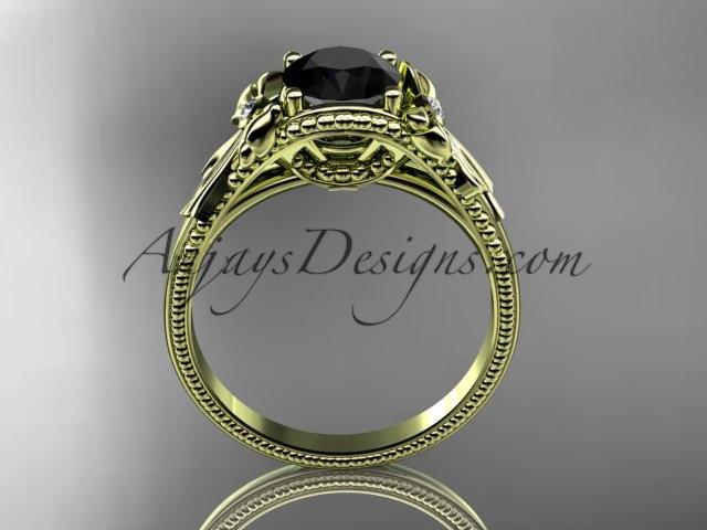 14k yellow gold leaf and flower diamond unique engagement ring with a Black Diamonde center stone ADLR376 - AnjaysDesigns