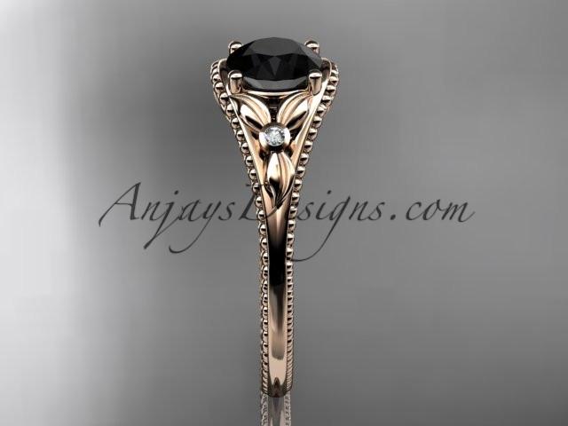 14k rose gold leaf and flower diamond unique engagement ring with a Black Diamonde center stone ADLR377 - AnjaysDesigns