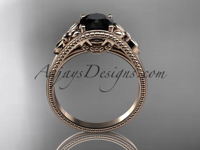 14k rose gold leaf and flower diamond unique engagement ring with a Black Diamonde center stone ADLR377 - AnjaysDesigns