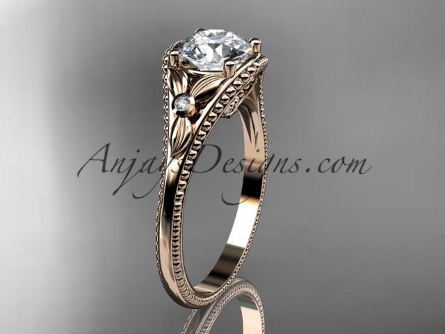 14k rose gold leaf and flower diamond unique engagement ring with a "Forever One" Moissanite center stone ADLR377 - AnjaysDesigns