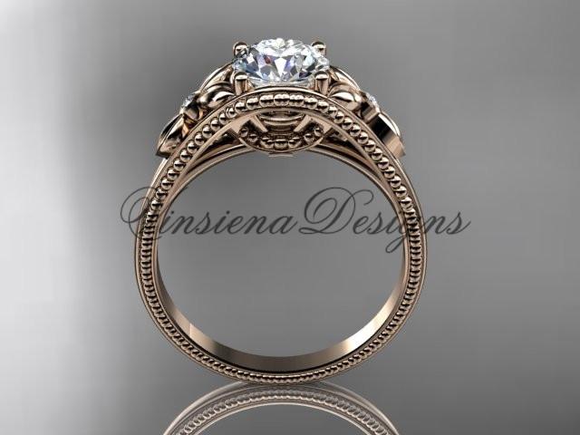14k rose gold diamond unique engagement ring "Forever One" Moissanite ADLR377