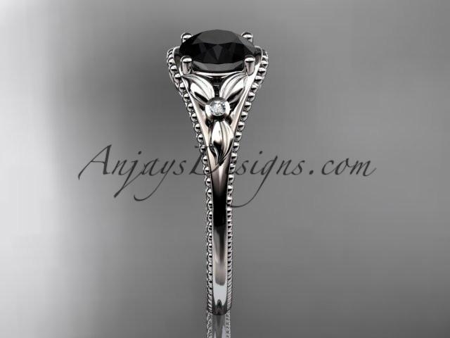 14k white gold leaf and flower diamond unique engagement ring with a Black Diamonde center stone ADLR377 - AnjaysDesigns