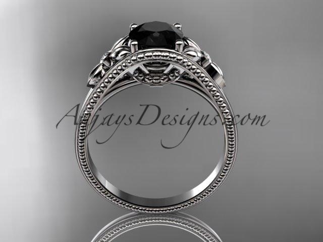 14k white gold leaf and flower diamond unique engagement ring with a Black Diamonde center stone ADLR377 - AnjaysDesigns
