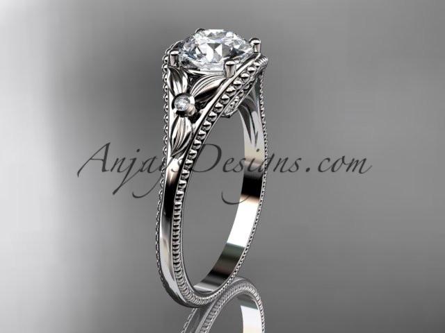 14k white gold leaf and flower diamond unique engagement ring with a "Forever One" Moissanite center stone ADLR377 - AnjaysDesigns