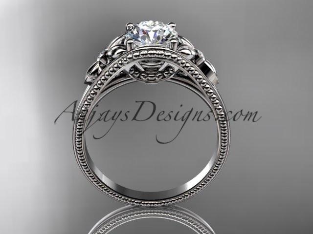 14k white gold leaf and flower diamond unique engagement ring with a "Forever One" Moissanite center stone ADLR377 - AnjaysDesigns