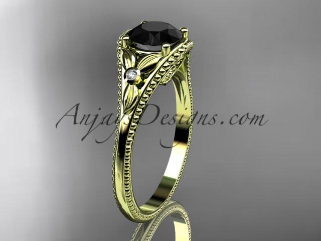 14k yellow gold leaf and flower diamond unique engagement ring with a Black Diamonde center stone ADLR377 - AnjaysDesigns