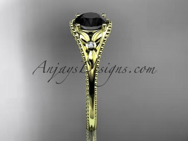 14k yellow gold leaf and flower diamond unique engagement ring with a Black Diamonde center stone ADLR377 - AnjaysDesigns
