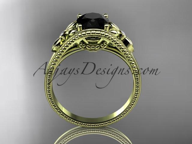 14k yellow gold leaf and flower diamond unique engagement ring with a Black Diamonde center stone ADLR377 - AnjaysDesigns