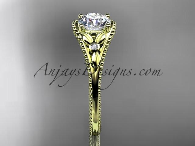 14k yellow gold leaf and flower diamond unique engagement ring with a "Forever One" Moissanite center stone ADLR377 - AnjaysDesigns