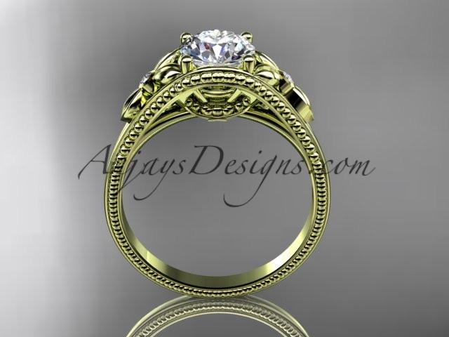 14k yellow gold leaf and flower diamond unique engagement ring with a "Forever One" Moissanite center stone ADLR377 - AnjaysDesigns