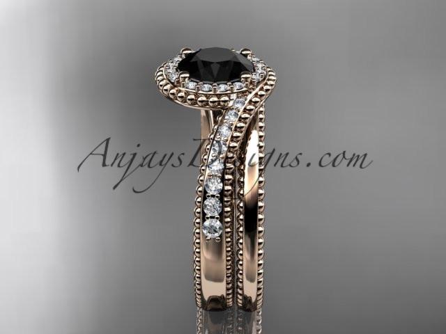 14kt rose gold halo diamond engagement set with a Black Diamond center stone ADLR379S - AnjaysDesigns