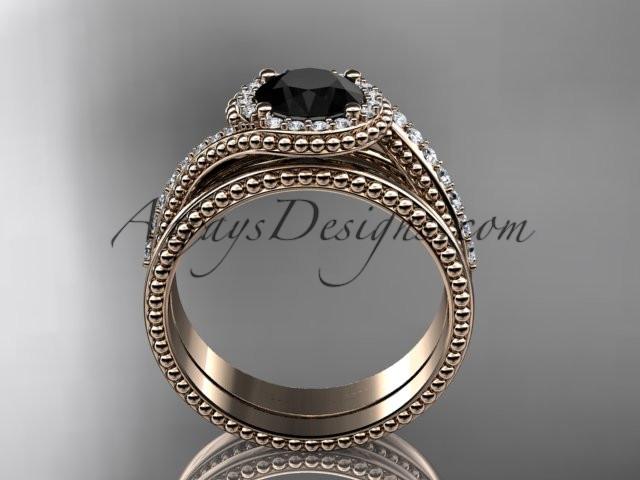 14kt rose gold halo diamond engagement set with a Black Diamond center stone ADLR379S - AnjaysDesigns