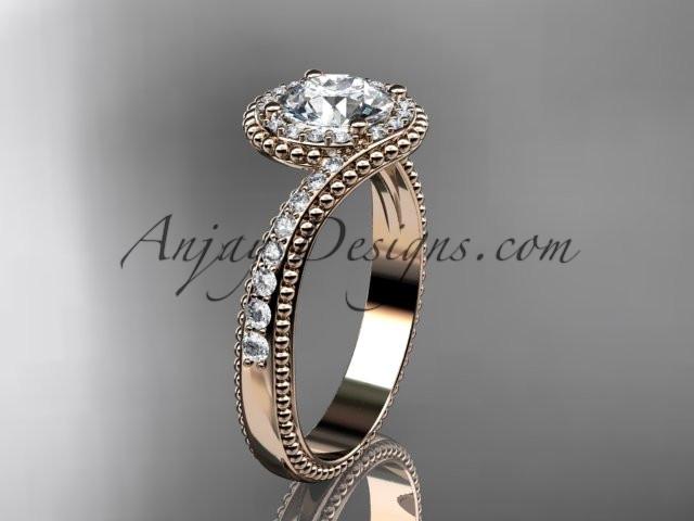14kt rose gold halo diamond engagement ring with a "Forever One" Moissanite center stone ADLR379 - AnjaysDesigns