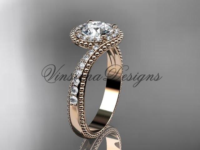 14k rose gold halo diamond engagement ring, "Forever One" Moissanite ADLR379