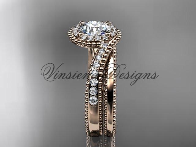 14kt rose gold halo diamond engagement ring set, Moissanite ADLR379S