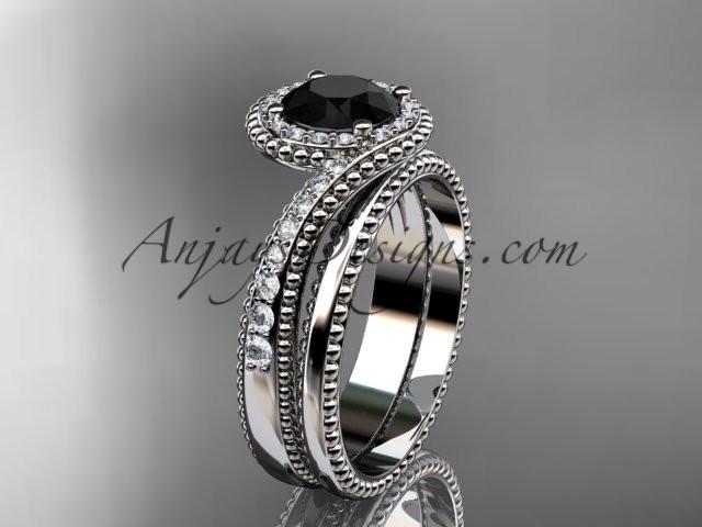 platinum halo diamond engagement set with a Black Diamond center stone ADLR379S - AnjaysDesigns