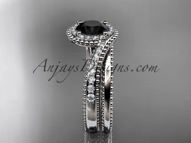 14kt white gold halo diamond engagement set with a Black Diamond center stone ADLR379S - AnjaysDesigns