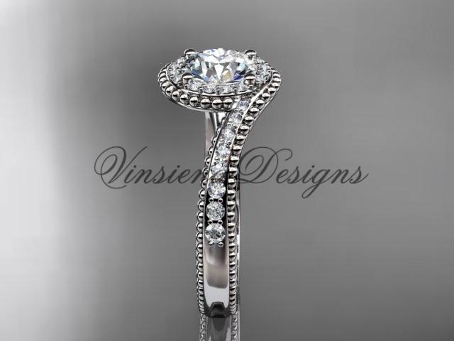 14k white gold halo diamond engagement ring, "Forever One" Moissanite ADLR379