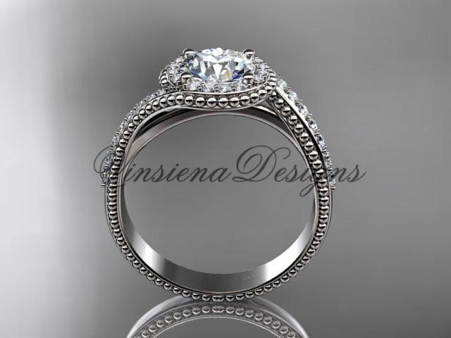 14k white gold halo diamond engagement ring, "Forever One" Moissanite ADLR379