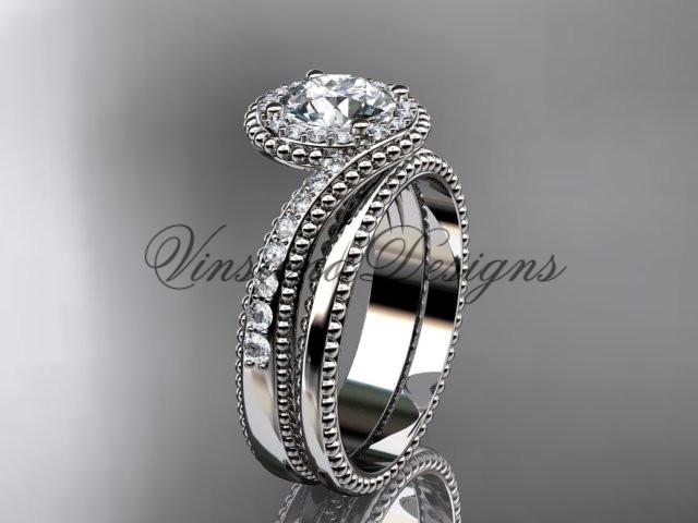 platinum halo diamond engagement ring set, "Forever One" Moissanite ADLR379S