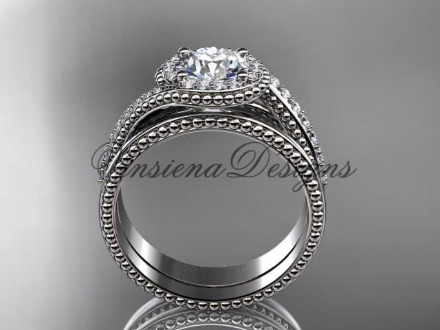 platinum halo diamond engagement ring set, "Forever One" Moissanite ADLR379S