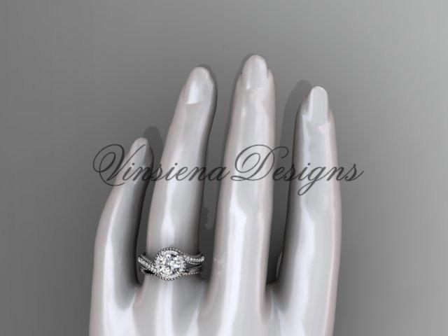 platinum halo diamond engagement ring set, "Forever One" Moissanite ADLR379S