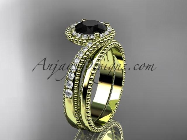 14kt yellow gold halo diamond engagement set with a Black Diamond center stone ADLR379S - AnjaysDesigns