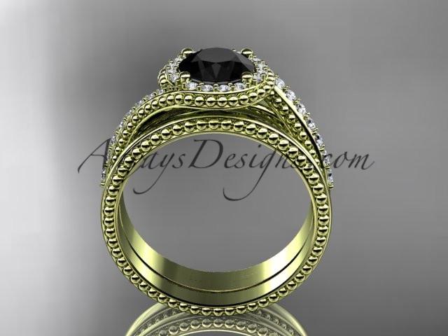 14kt yellow gold halo diamond engagement set with a Black Diamond center stone ADLR379S - AnjaysDesigns