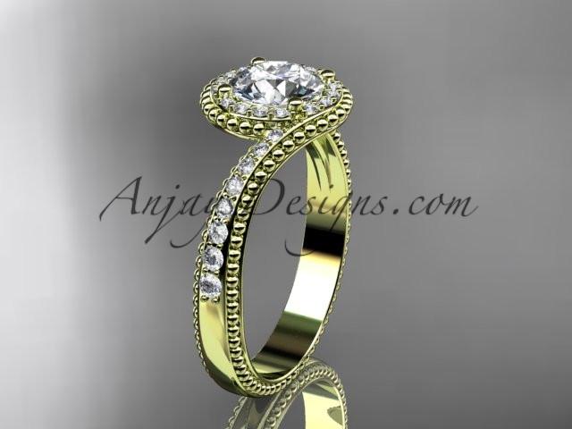 14kt yellow gold halo diamond engagement ring with a "Forever One" Moissanite center stone ADLR379 - AnjaysDesigns