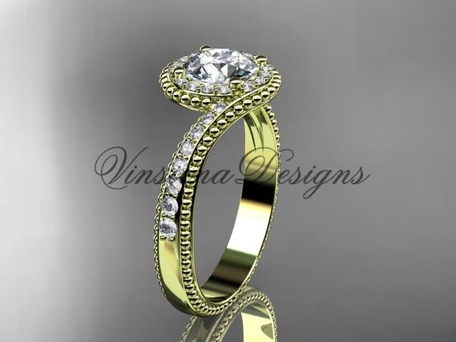 14k yellow gold halo diamond engagement ring, "Forever One" Moissanite ADLR379